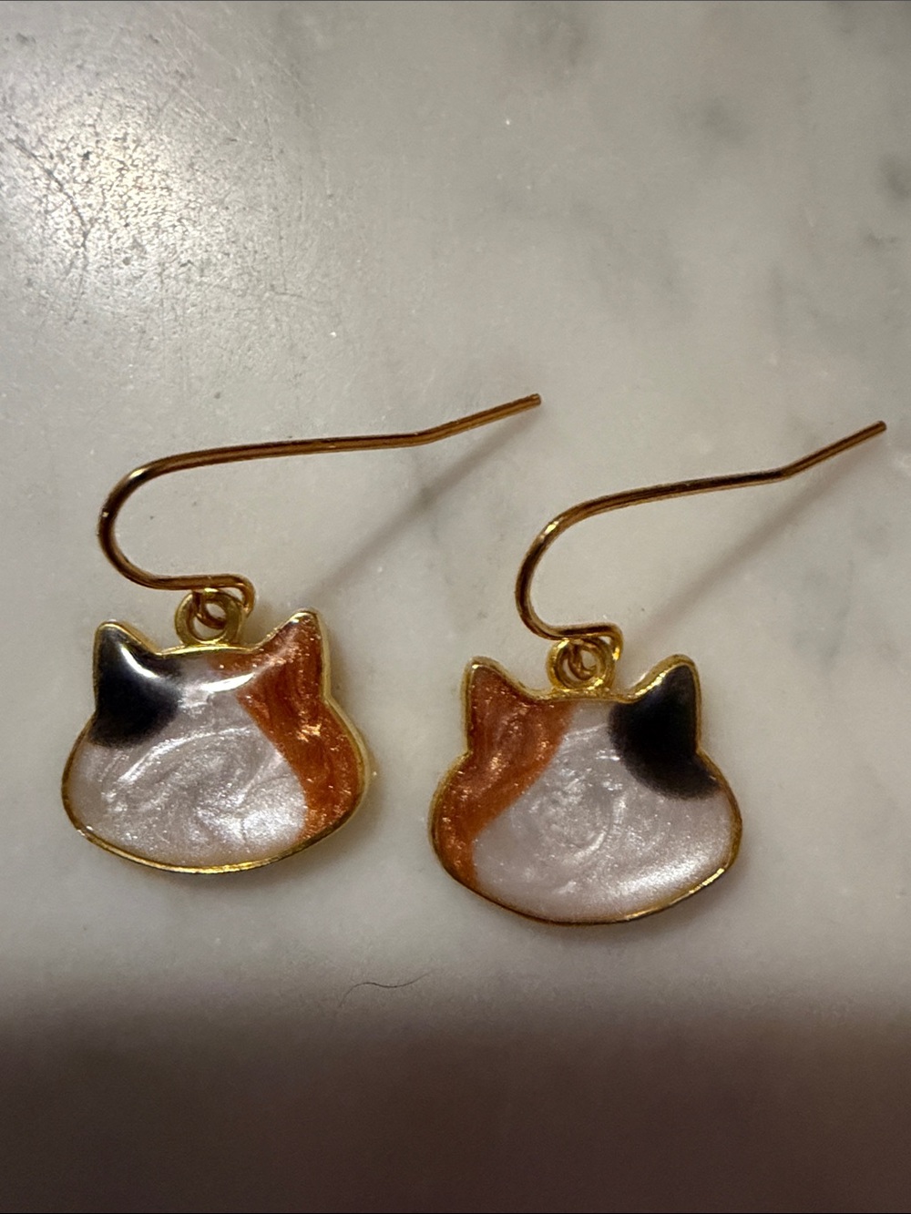 Gold Calico Cat Face Drop Earrings
